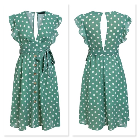 V-Neck Polka Dot Green Midi Belted Dress - Picture 6 of 9